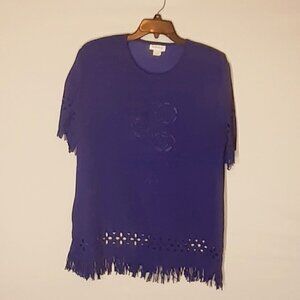 REBEKAH Vintage Short Sleeve Knit Top w Fringe; Purple; Plus Size